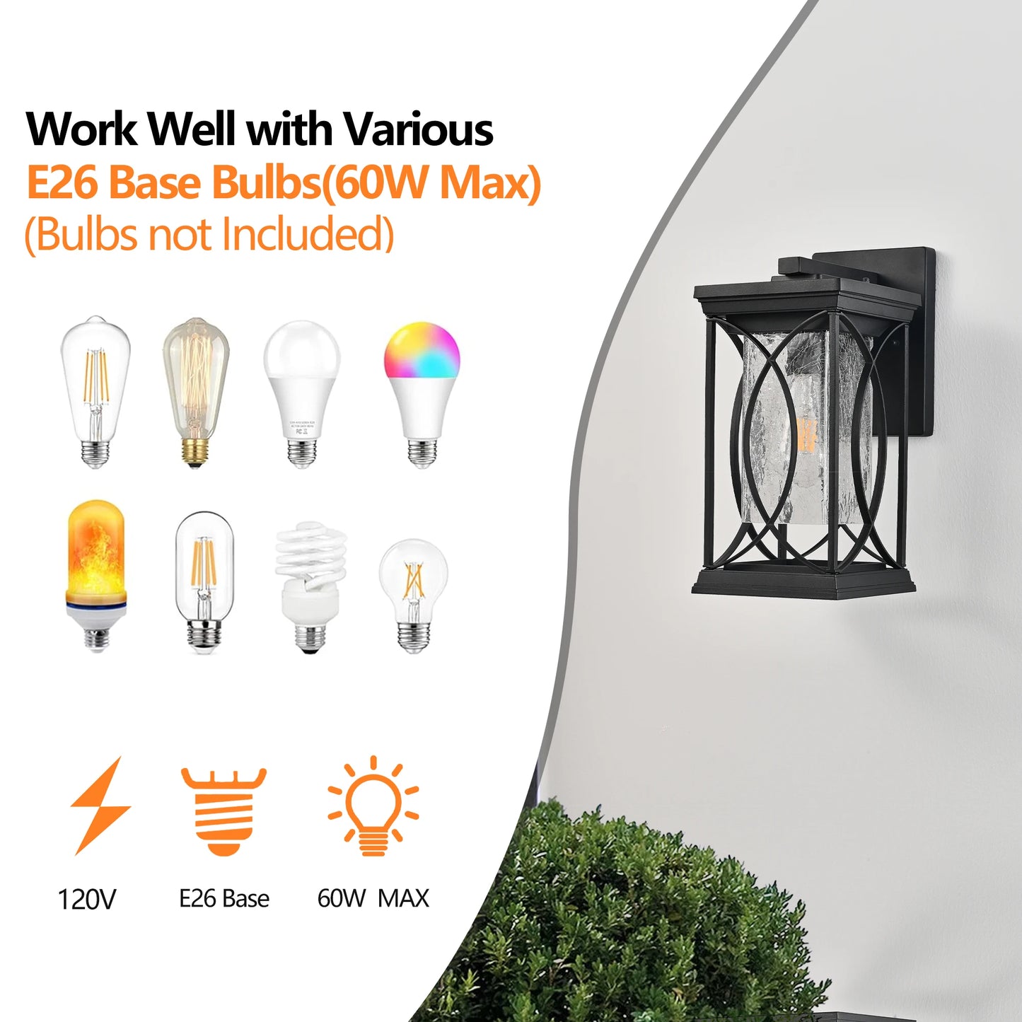 Black Outdoor Wall Lantern with Crackled Glass,Weather-Resistant Exterior,Modern Decorative Wall Sconce with E26 Base (No Bulb)