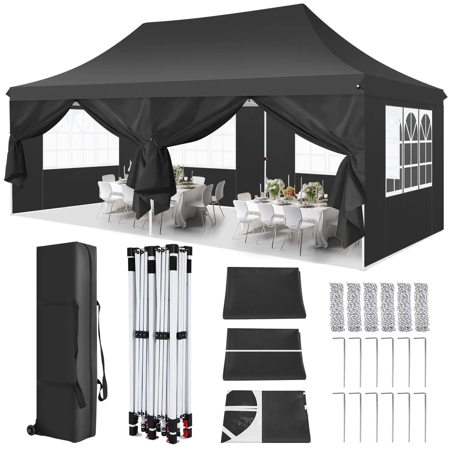 Pavilion Popup Gazebo 3x6m Waterproof Folding Gazebo Tent Party Tent with 4 Side Panels 6 Sandbag UV 50+ Height Adjustable 2-3M