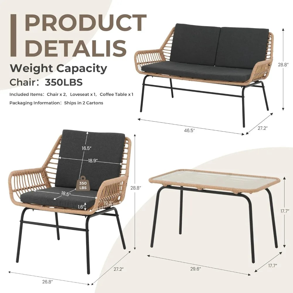 3 Piece Outdoor Patio Furniture Set, Rattan Patio Bistro Sets, All-Weather Wicker 2 Chairs with Cushions and Coffee Table