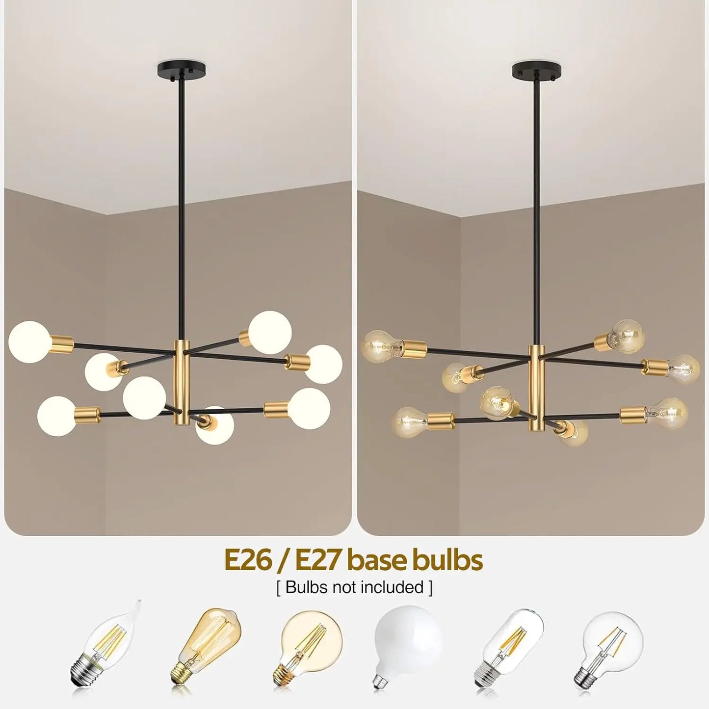Modern Sputnik Chandelier 8 Lights Height Adjustable Ceiling Light Fixture Mid-Century Modern Gold Chandelier for Dining Room