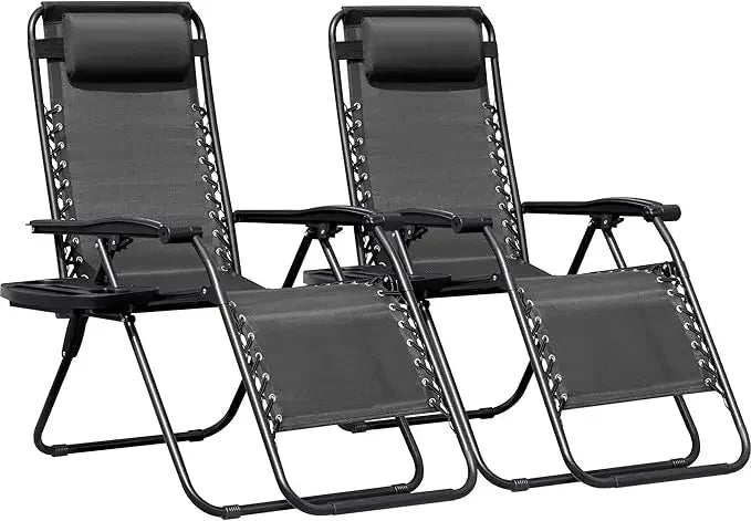 Zero Gravity Chairs Set of 2 Adjustable Steel Mesh Recliners Beach Deck Lawn Camping Patio Foldable Lounge Chair with Cup Holder