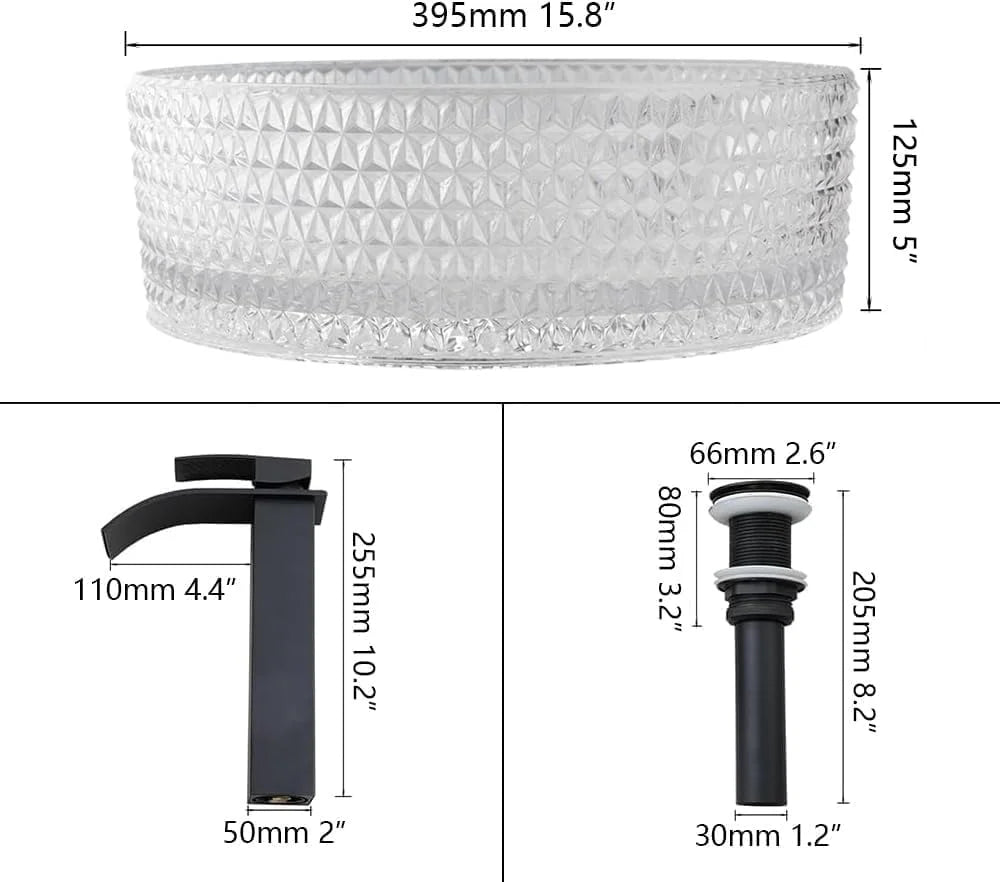 KEMAIDI 16 Inch Crystal Bathroom Vessel Sink with Faucet Clear Tempered Glass Vessel Sink Above Counter Sink Bowl Art Basin