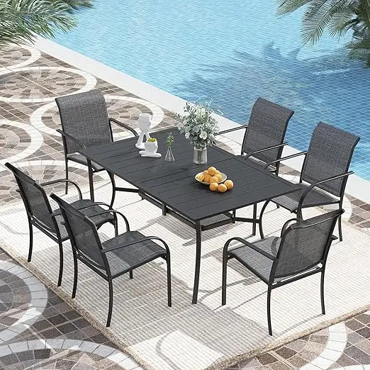 7 Pieces Patio Dining Set, Patio Furniture Set of 6 Patio Stackable Dining Chairs and Outdoor Rectangular Metal Table with Stor