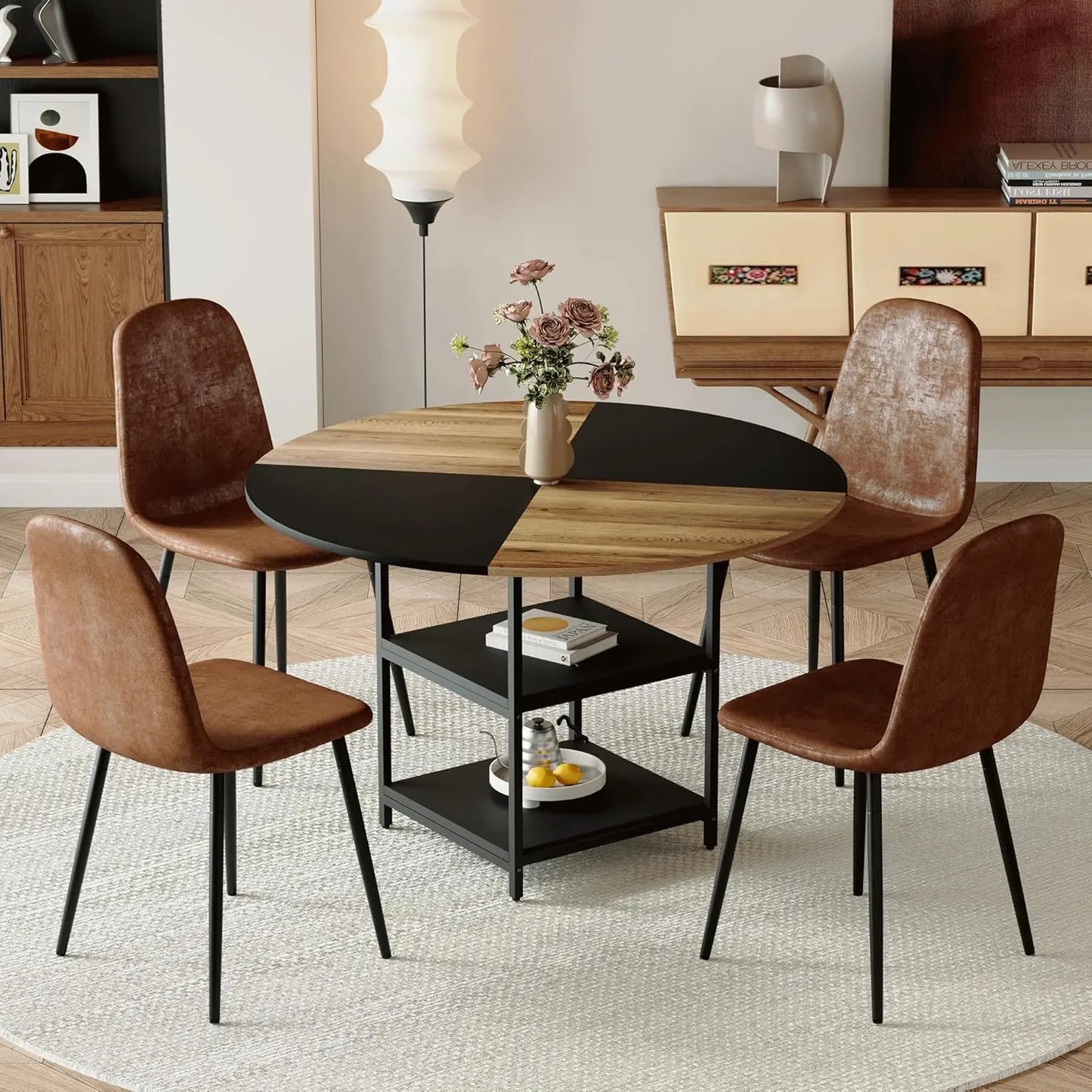 Round Dining Table Set for 4, 47” 5-Piece Dining Set with 2-Tier Storage Shelf and Space-Saving Design, Modern Table and Chairs