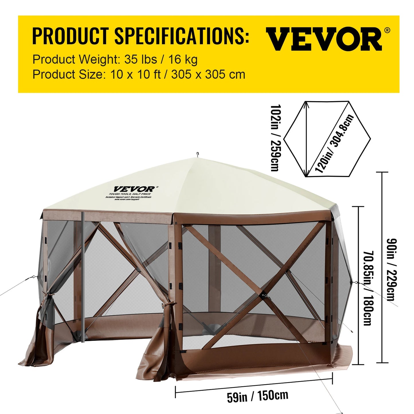 SucceBuy Pop-up Camping Gazebo Camping Canopy Shelter 6 Sided 12' x 12' / 10' x 10' Sun Shade Tents & Canopies Camping & Hiking