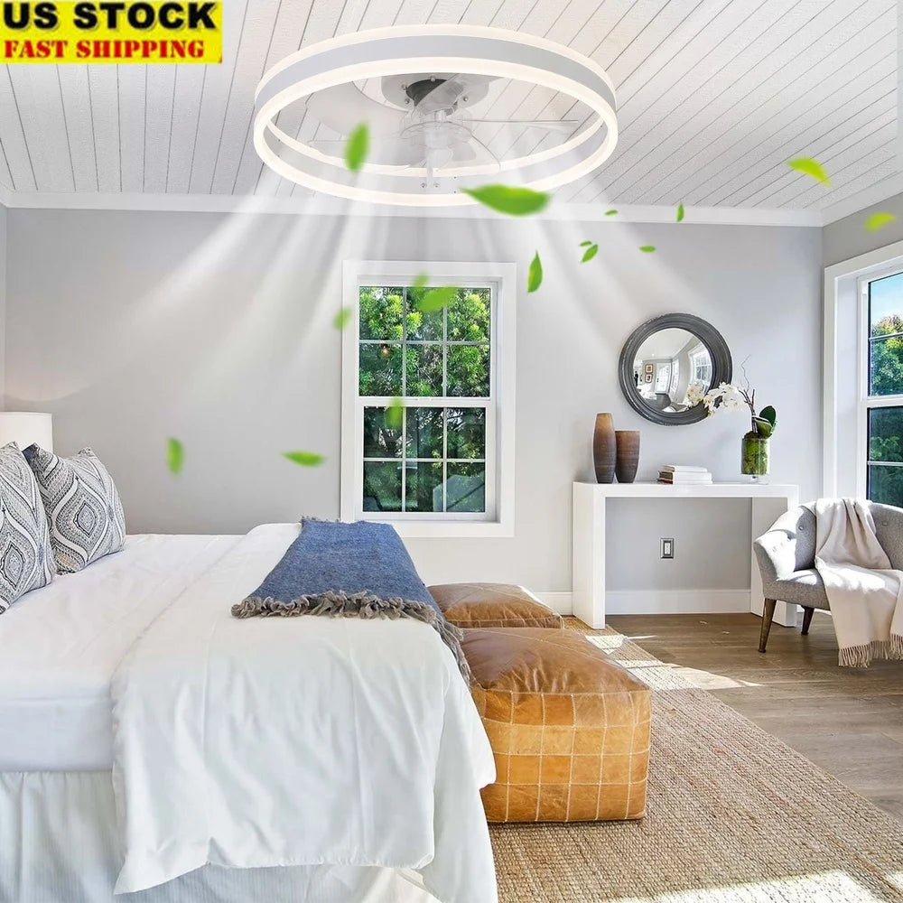 20 Inch Bladeless Ceiling Fan with Remote Dimmable LED Light 6 Speed Control Quiet Motor Energy Efficient Flush Mount Design