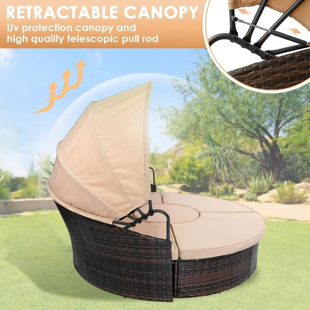 Outdoor Patio Daybed with Retractable Canopy, Wicker Rattan Sectional Round Sofa Furniture Set, 5 Pieces Seating Separates Cushi