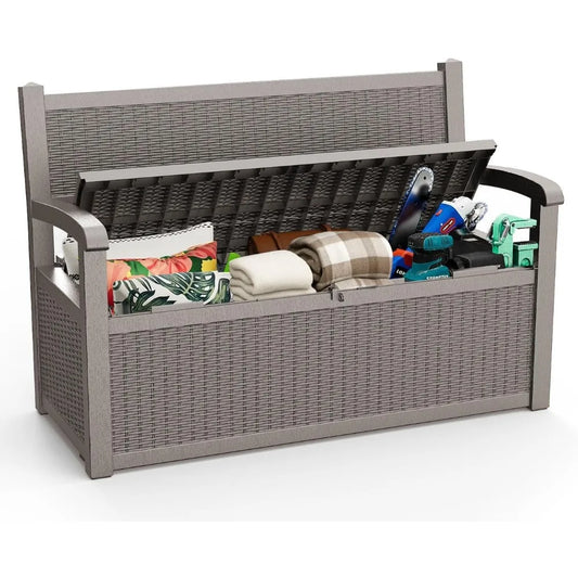 80 Gallon Storage Bench Deck Box Outdoor with Armrests,Storage Furniture Waterproof Lockable for Porch Patio and Garden(Gray)
