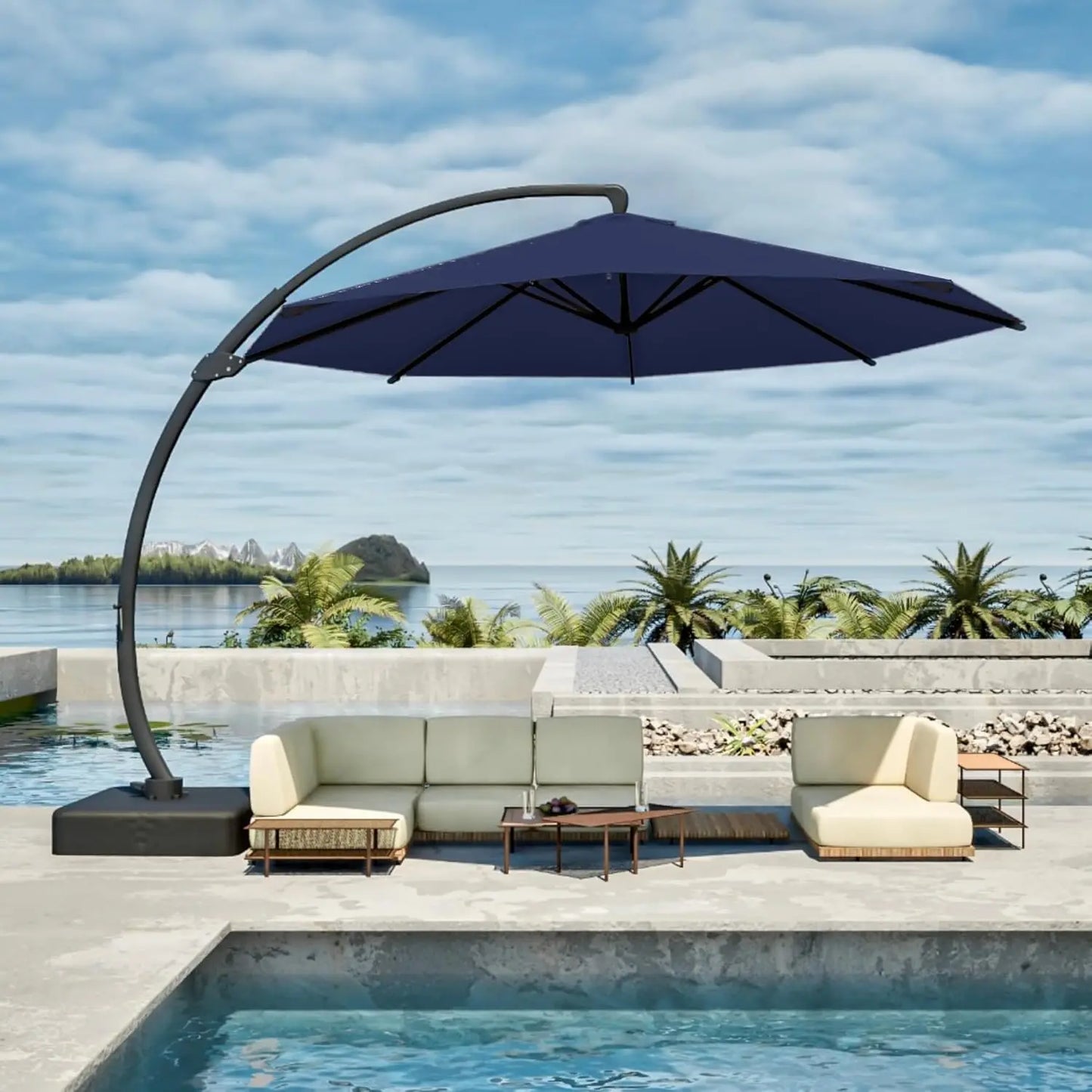 11FT Cantilever Umbrella with Base Large Curvy Outdoor Aluminum Offset Umbrella w/ 360° Rotation, UV Resistant Canopy for Patio