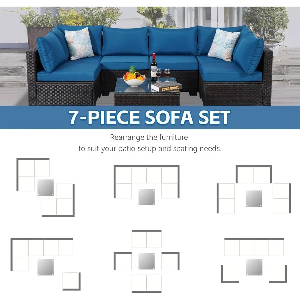 7 Piece Sectional Sofa Set Outdoor, Rattan Patio Furniture Set, Outdoor Sectional Furniture, Rattan Chairs Glass Table