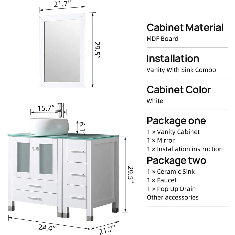 36” White Bathroom Wood Vanity Cabinet Top Ceramic Vessel Sink Faucet Drain Combo with Mirror Vanities Set