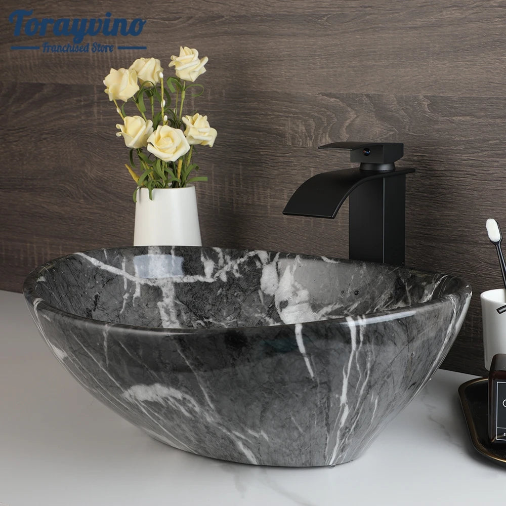Torayvino Bathroom Basin Sink Faucet Combo Ceramic Lavatory Above Counter Art Basin Vanity Sink Matter Black Faucet Mixer