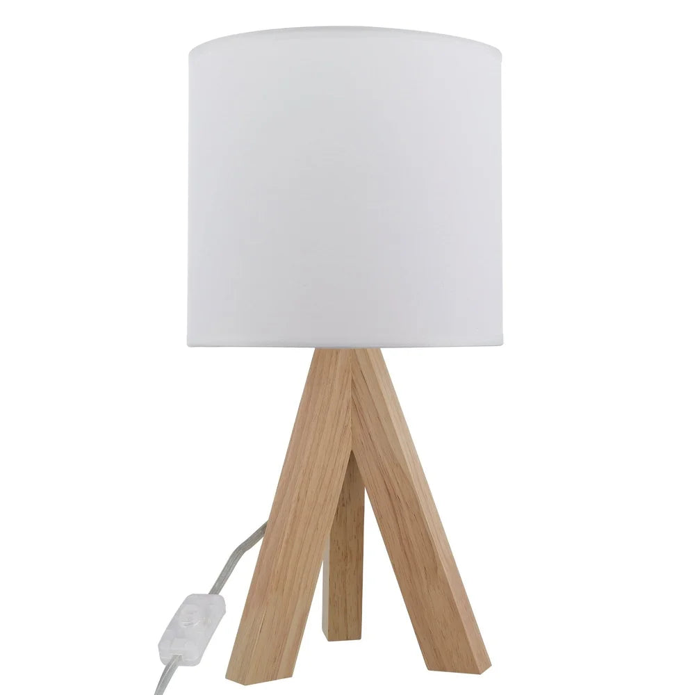 Tripod Oak Table Lamp with White Fabric Shade Modern Design Living Room Bedroom Office Desk Kids Room 60W E26 Bulb Compatible