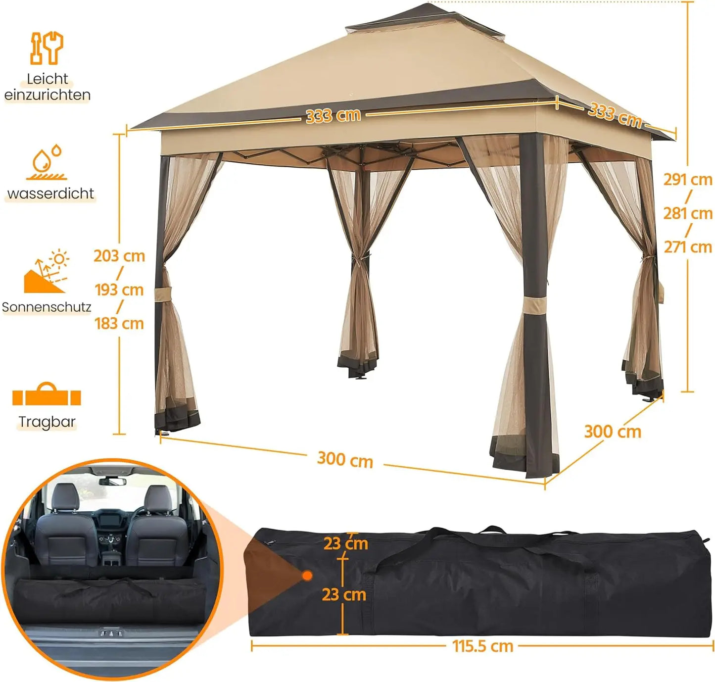 3.3x3.3m Outdoor Gazebo Canopy with 4 Detachable Mosquito Nets, UV and Rainproof Gazebo Patio Pop Up with Double Eaves Folding