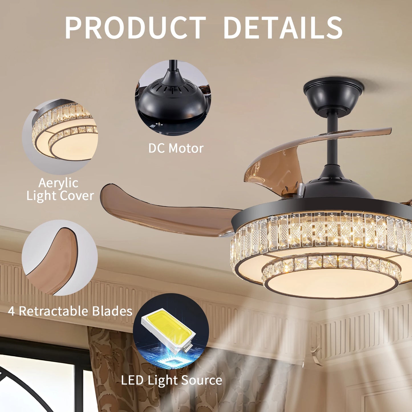 Contemporary LED Retractable Ceiling Fan with Light and Remote Control, Quiet Reversible Motor,4 Blades Modern Ceiling Fans