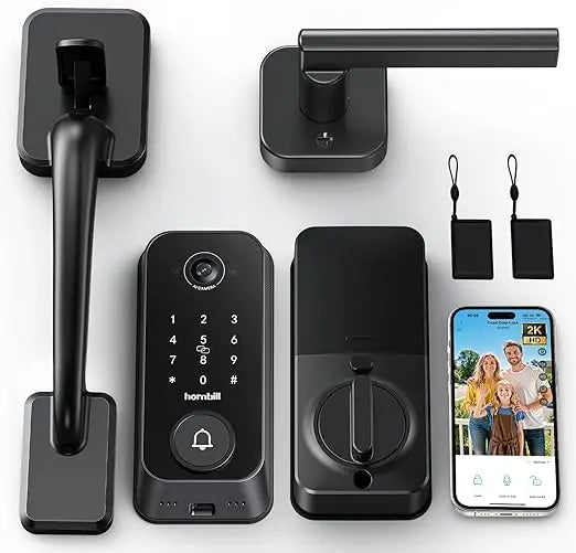 Smart Front Door Lock Sets: 2K HD Camera Lock with Doorbell Kits, Hornbill Fingerprint Keyless Entry Door Lock with Handles, WiF