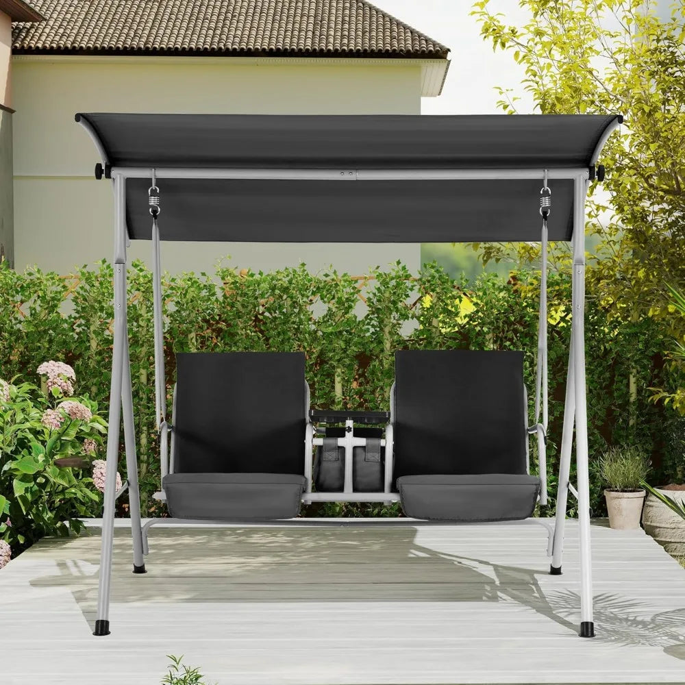 2 Seat Outdoor Porch Swing,Patio Swing with Adjustable Canopy,Heavy Duty 650 LBS Outdoor Swing with Pivot Storage Table & 2 Cup