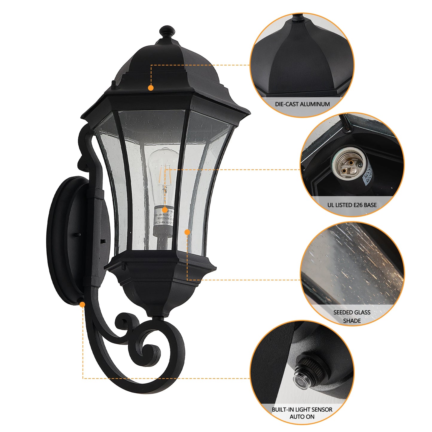 Outdoor Wall Lantern with Dusk to Dawn Sensor,Black Weatherrproof with Clear Bubble Glass,Vintage Wall Sconce (No Bulb)