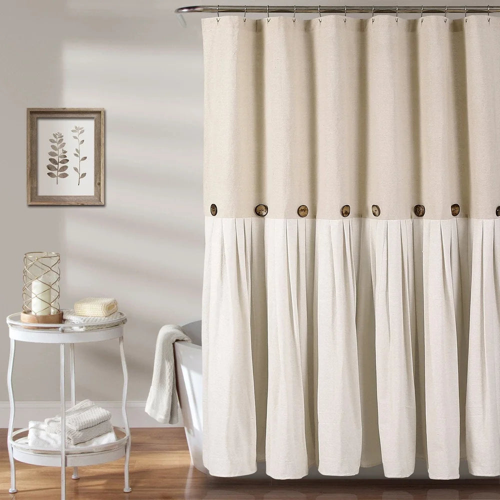 Linen Button Color Block Shower Curtain 72x72 Faux Linen Fabric Pleated Design Machine Washable Bathroom Decor
