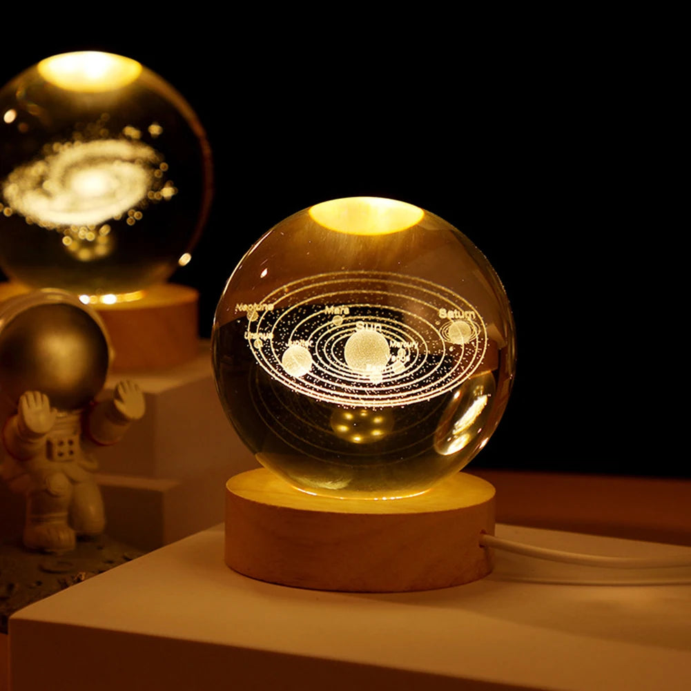 LED Crystal Ball Night Light Crystal Ball Lamp with Wooden Base Solar System Crystal Ball USB Charging for Home Decor