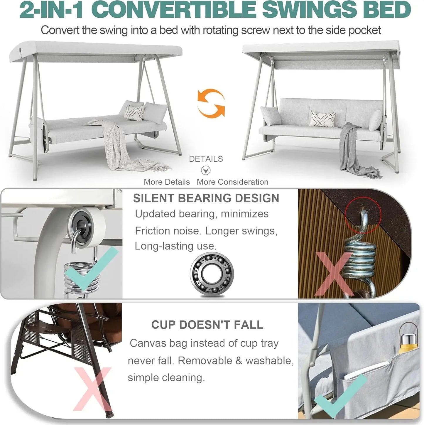 3 to 4 Person Porch Swing Outdoor 2-in-1 Swing Bed with Canopy Adjustable Backrest 800 lbs Capacity Patio Swing Chair with Stand