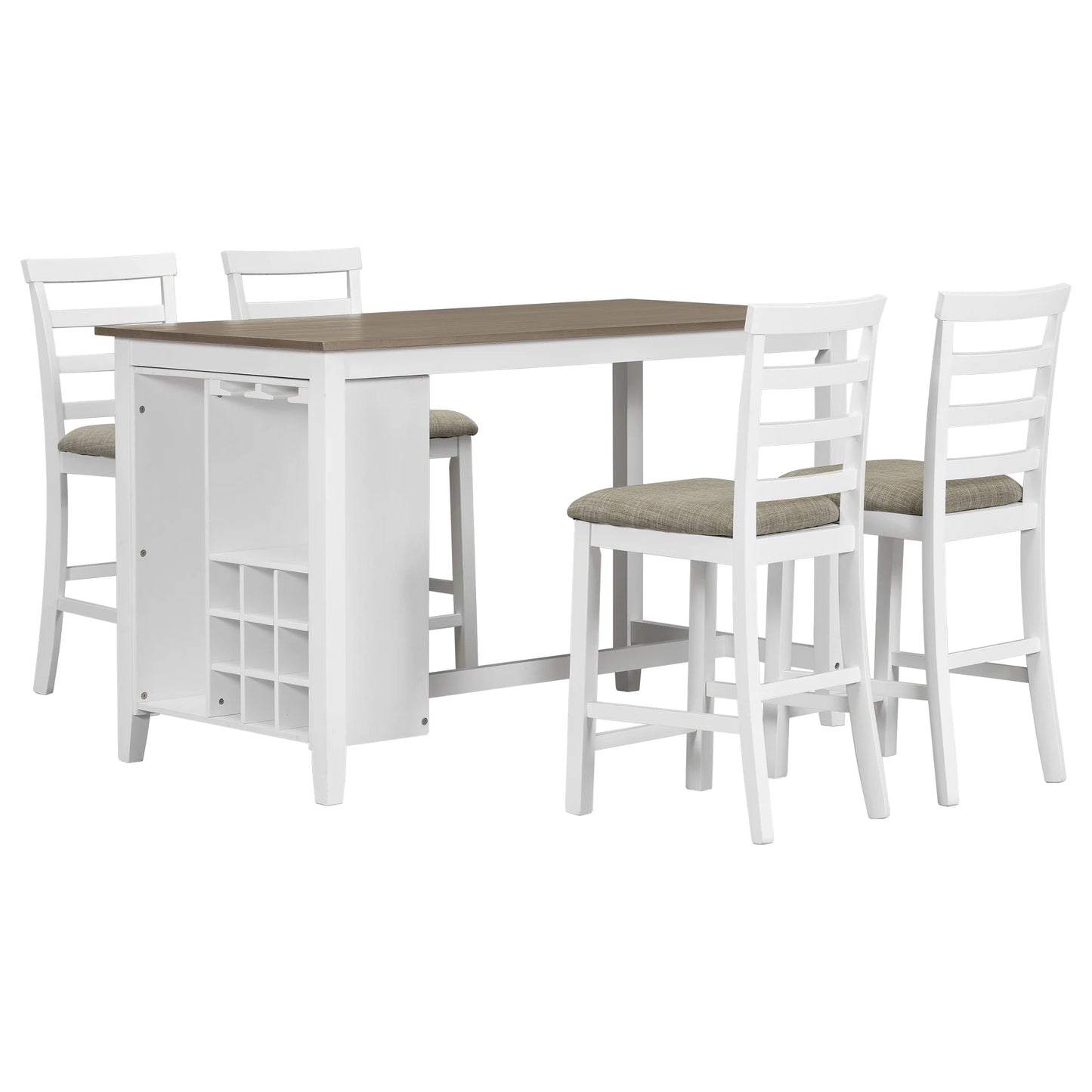 5-Pieces Dining Table Set With 4 Chairs 9 Bar Wine Compartment Wineglass Holders Wooden Rustic Set For Dining Room Kitchen