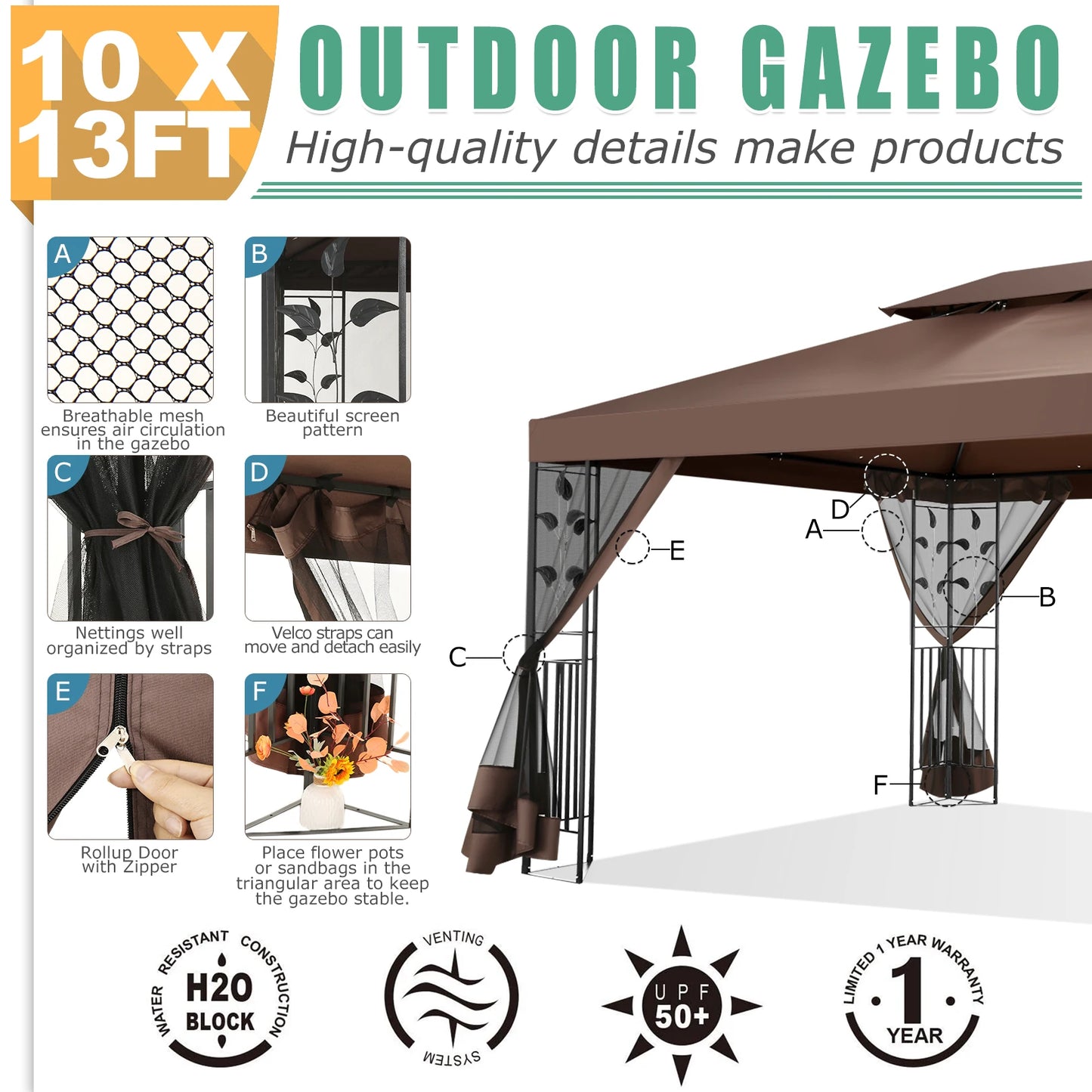 10x13 Outdoor Gazebo on Clearance with Mosquito Netting and Ventilated Double Flat Roof,All Weather for Patio,Backyard,Garden