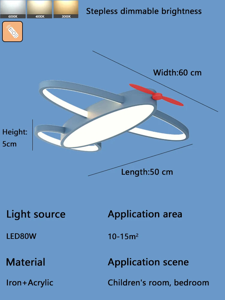 Kids' Room Aircraft Ceiling Light, Creative Cartoon Smart Remote-Controlled Eye-Caring Lamp for Boys' Bedroom
