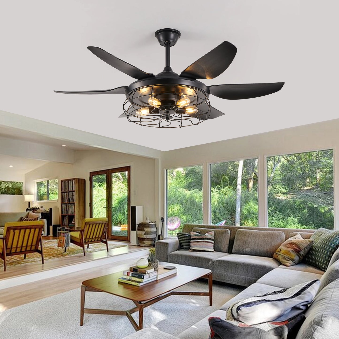 ARLGSITE 52" Modern Cage Design Black Ceiling Fan Light Remote Control 6 Fan Blades Adjustable Speed for Living Room Bedroom