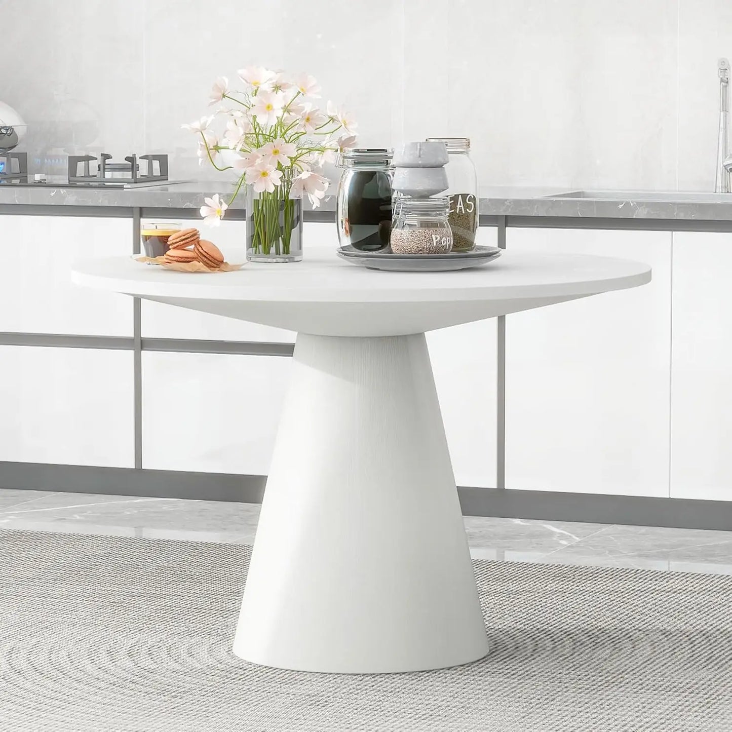 43" Mid-Century Modern Farmhouse Round Dining Table for 4-5 - Wooden Pedestal Base with MDF Table Top, Compact Kitchen