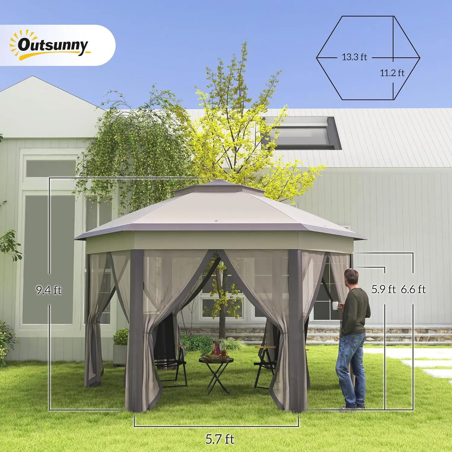 13' x 13' Pop Up Gazebo, Hexagonal Canopy Shelter with 6 Zippered Mesh Netting, Event Tent with Strong Steel Frame for Patio