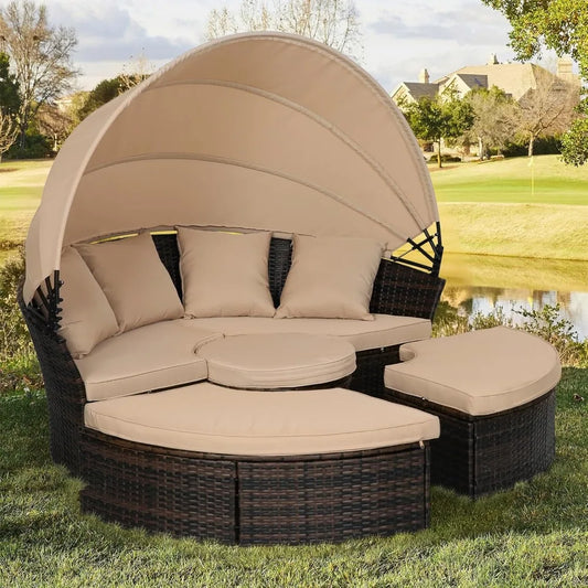 Outdoor Patio Daybed with Retractable Canopy, Wicker Rattan Sectional Round Sofa Furniture Set, 5 Pieces Seating Separates Cushi
