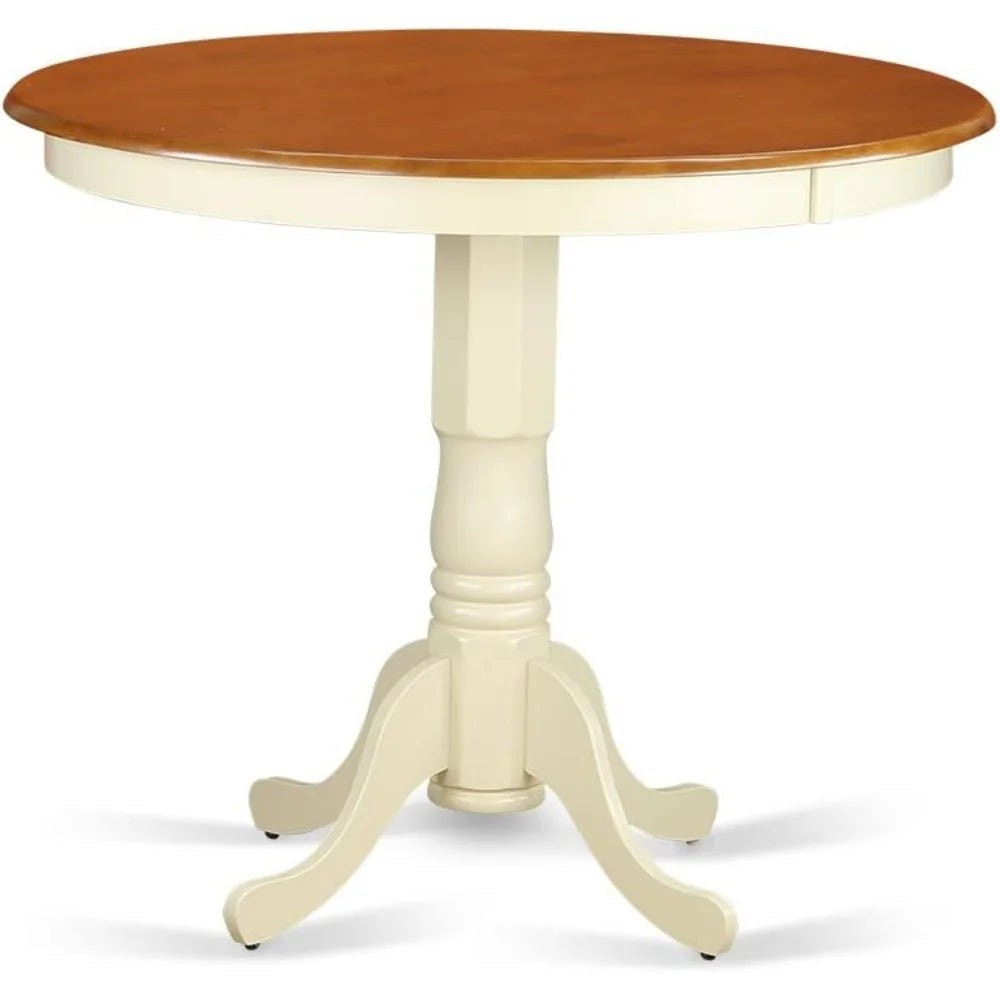 3 Piece Counter Height Dining Set for Small Spaces Contains a Round Dining Room Table with Pedestal and 2 Wooden Seat Chairs