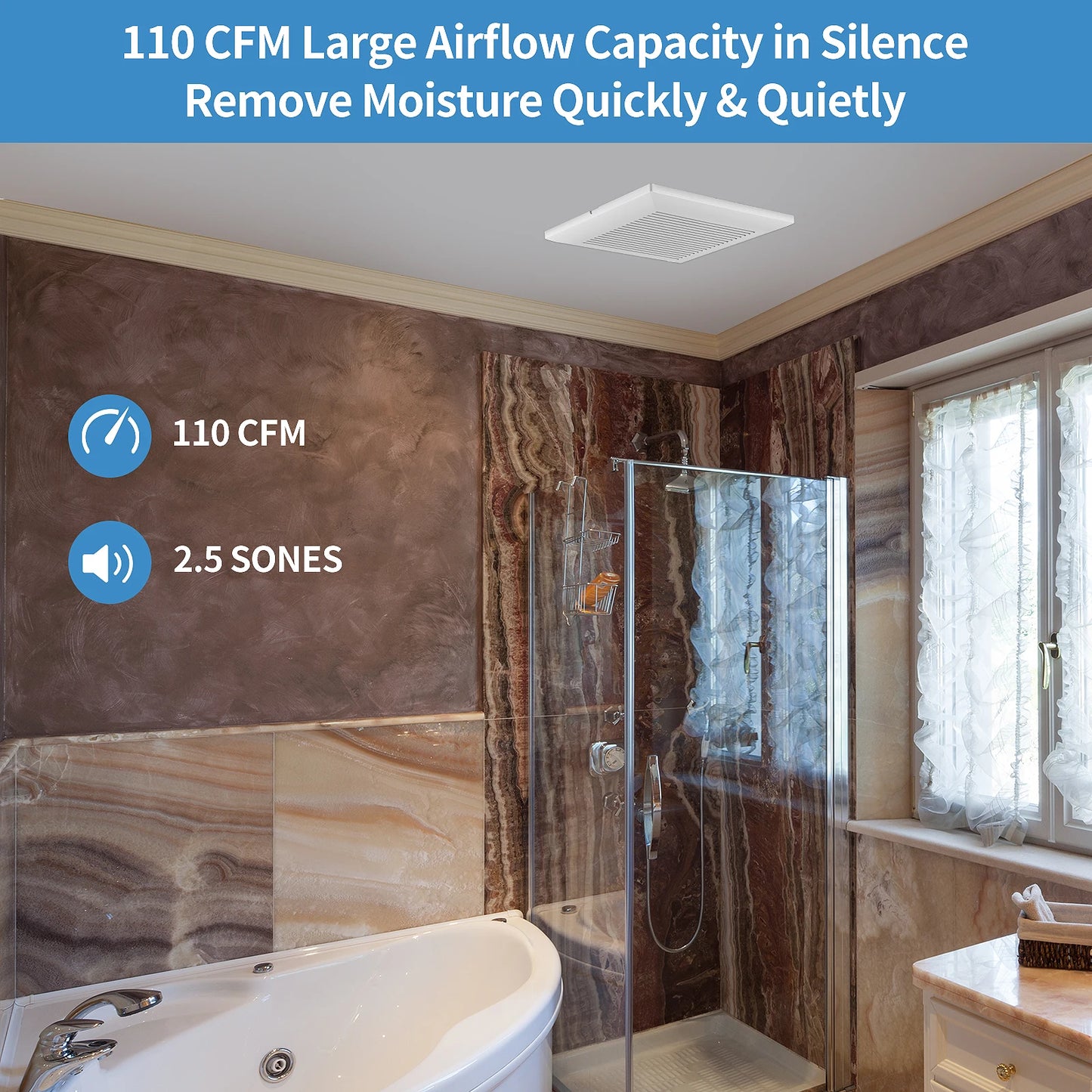 110 CFM with LED Light, 3 Color Temp, ≤2.0 Sones, 10.24” Panel, 10m² Coverage, Easy Install, Energy Saving Bathroom Exhaust Fan