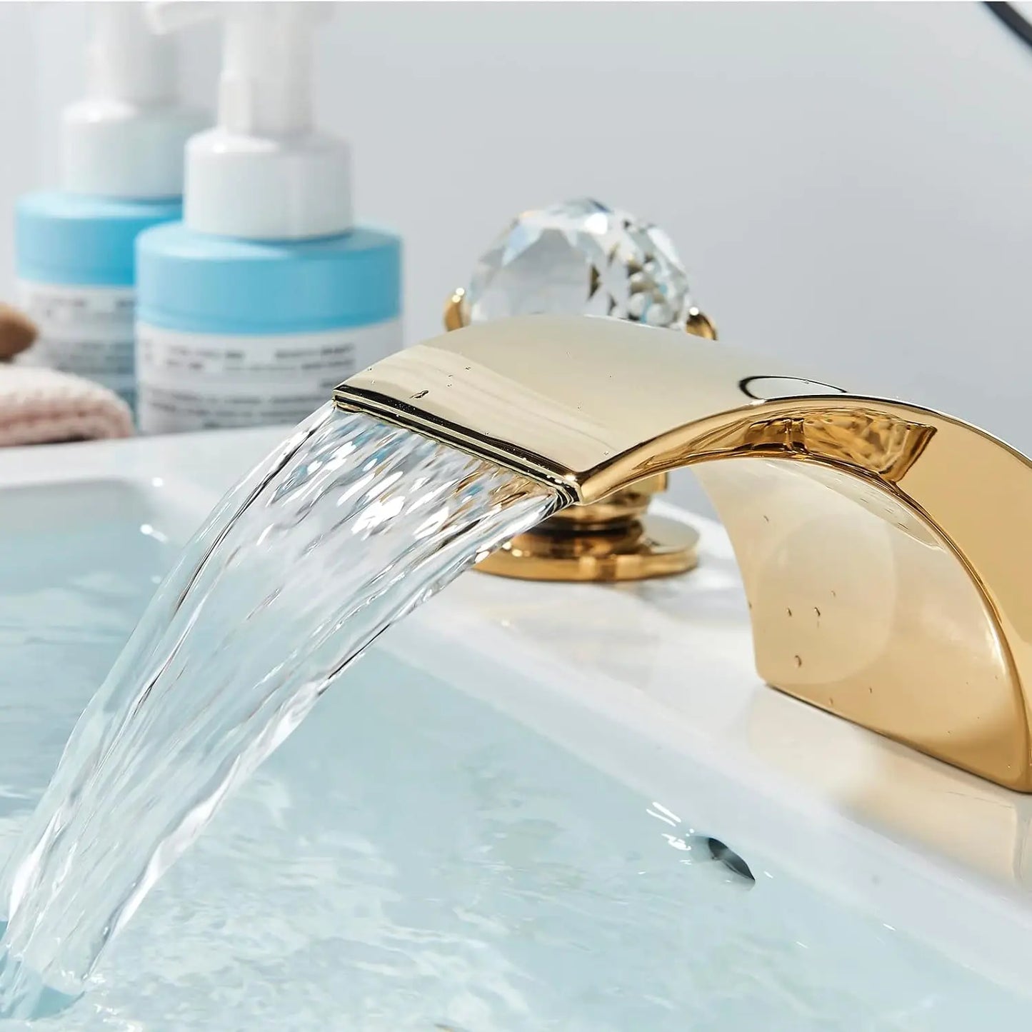 LED Widespread Bathroom Faucet Waterfall Gold Polished Lavatory Faucets Basin Mixer Tap 2 Crystal Knobs 3 Holes