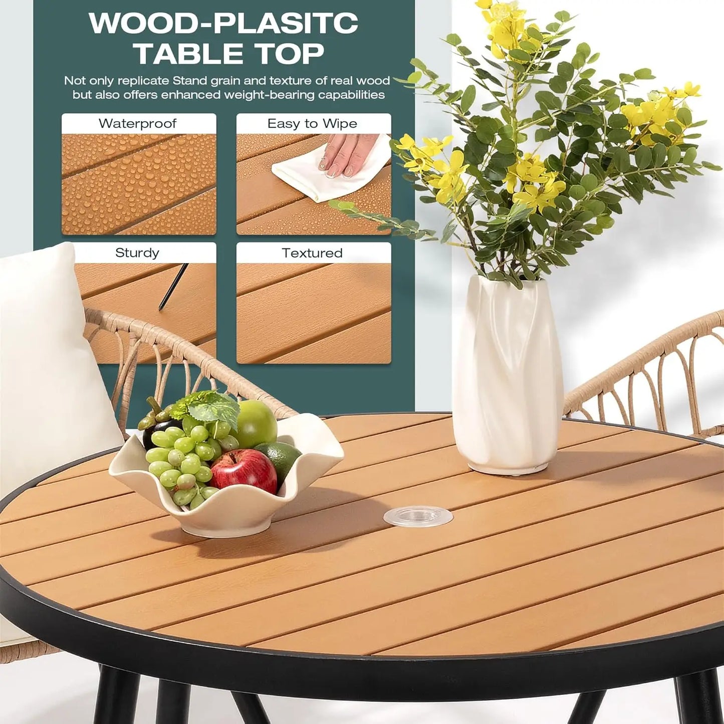 5 Pieces Patio Dining Set, All-Weather PE Rattan Patio Furniture Set with Wood Table Top, Outdoor Table and Chairs