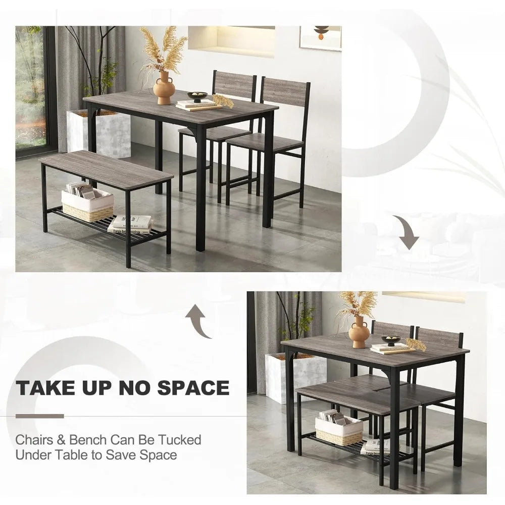 Dining Table Set for 4, Kitchen Table with Bench and Chairs, Industrial Gathering Bench Dining Set W/Metal Frame & Storage Rack