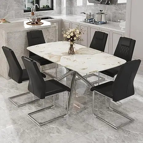 Modern Dining Table Set for 6, 63" Dinner Table Set for 6,Marble-Patterned Tempered Glass Kitchen Tabletop Silver Legs and 6 Bla