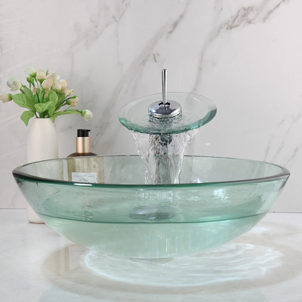 ZAPPO Round Bathroom Vessel Sinks 17 inch Tempered Glass Vessel Sink Clear Green Bathroom Sink Waterfall Bathroom Faucet Combo