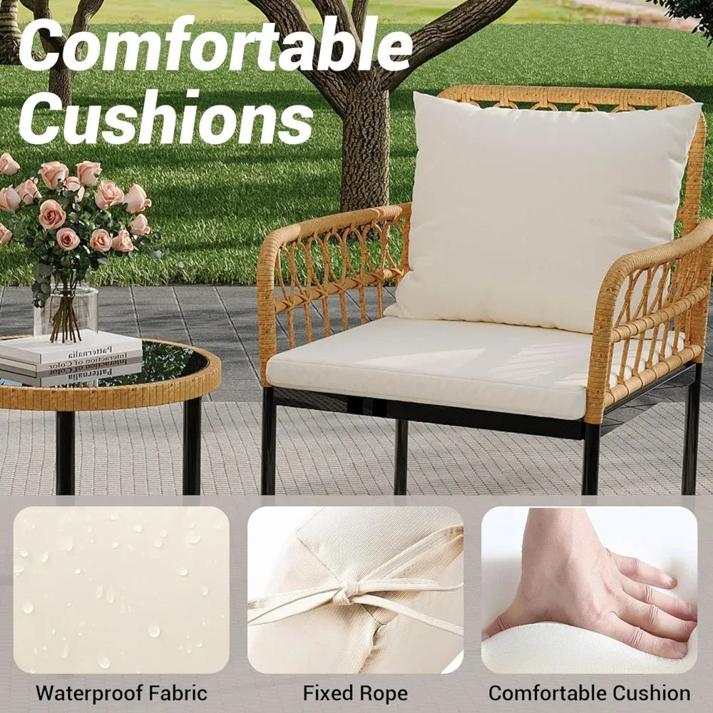 Wicker 3 Pieces Patio Bistro Sets with Glass Top Side Table and 2 Modern Rattan Chairs,for Backyard, Garden Furniture Set