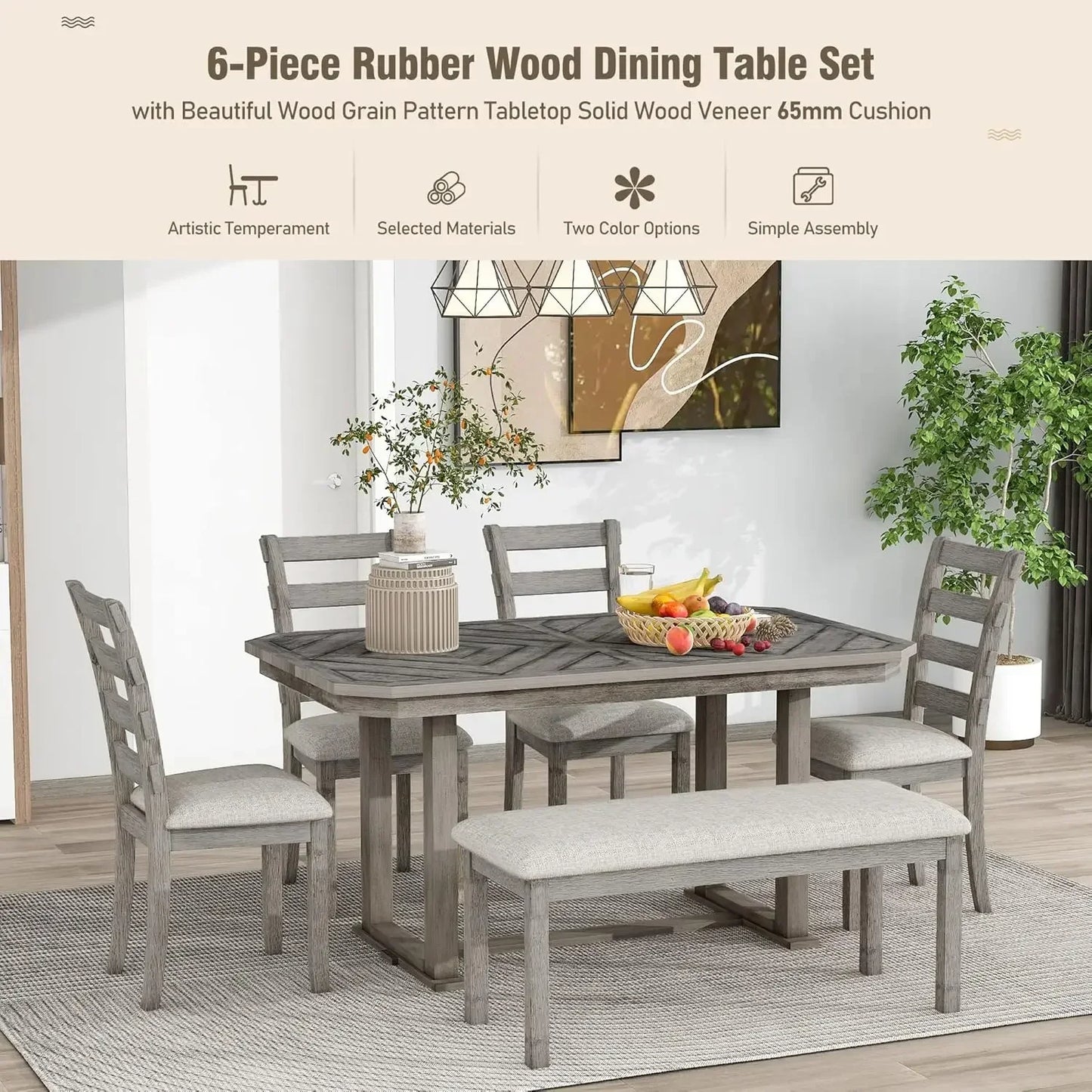 6-Piece Rubber Wood Dining Table Set with 4 Cushioned Chairs and Bench, Beautiful Wooden Grain Pattern Tabletop, Grey