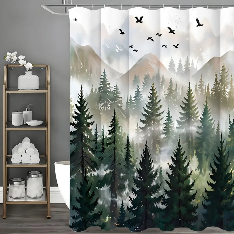 Green Misty Forest Shower Curtain Set Ombre Sage Green White Waterproof Fabric Shower Curtains