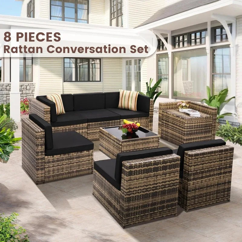 8 Piece Outdoor Wicker Patio Furniture Sectional Set, Glass Top Table With Hidden Storage, Includes 7 Seating Components