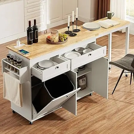 Kitchen Islands with Extendable Dining Table, 81.7" Mobile Kitchen Storage Islands, Rolling Kitchen Cart with Trash Cabinet, Pow