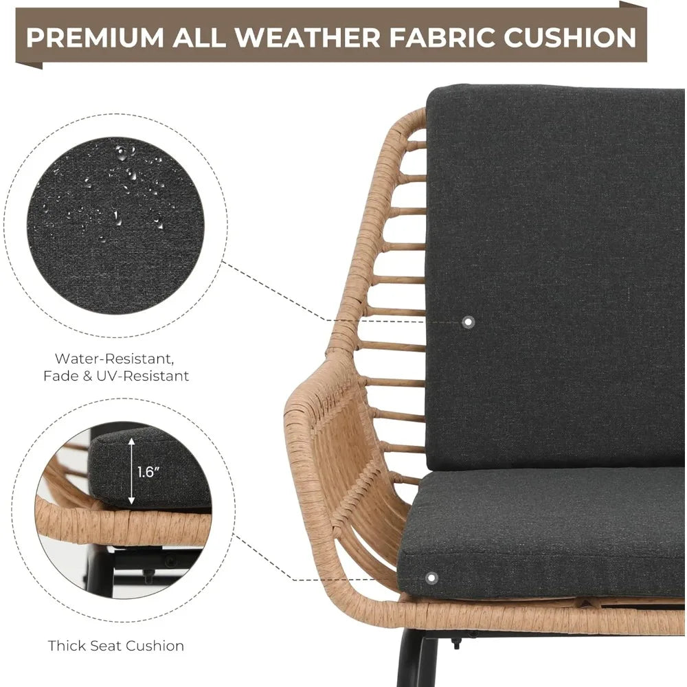 3 Piece Outdoor Patio Furniture Set, Rattan Patio Bistro Sets, All-Weather Wicker 2 Chairs with Cushions and Coffee Table
