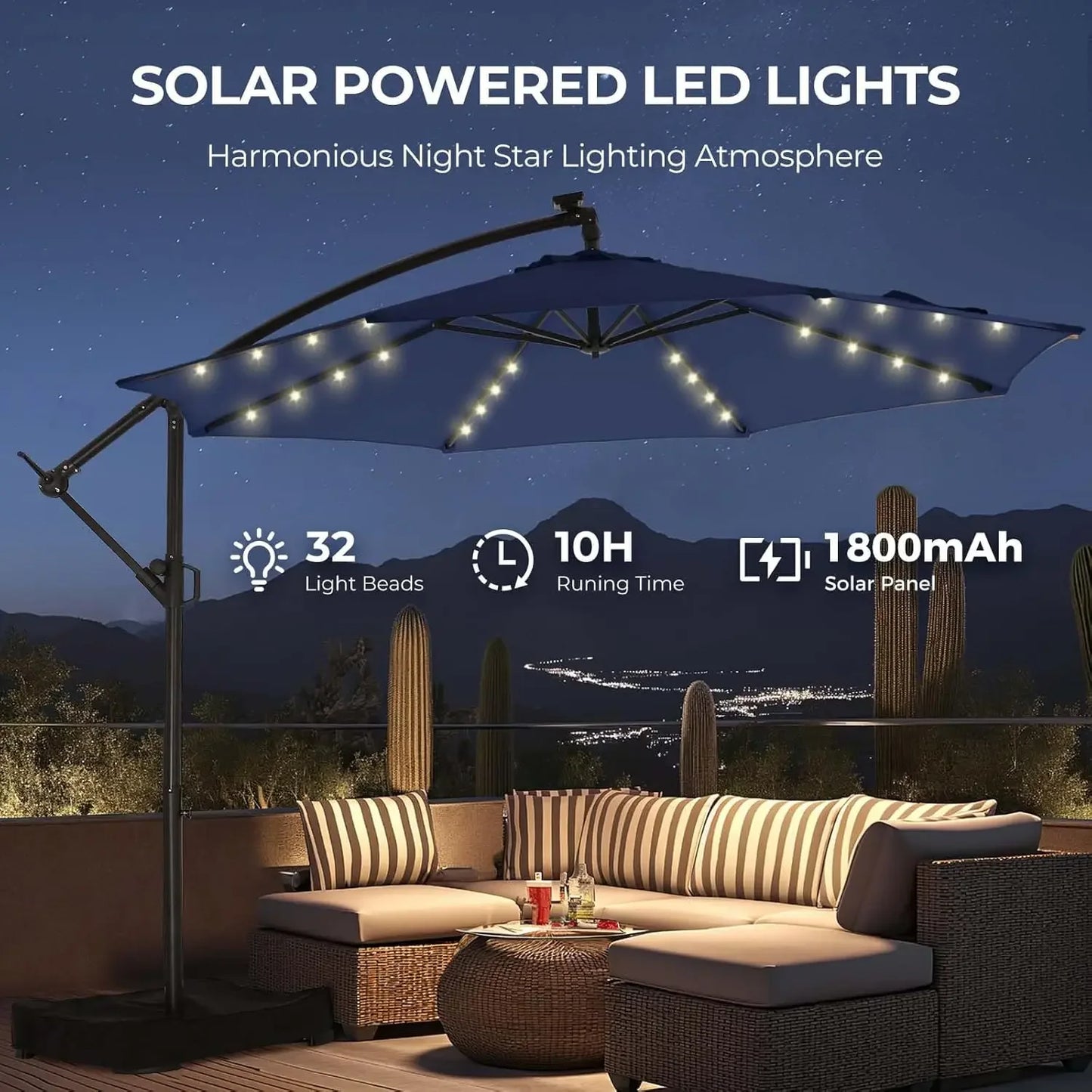 10ft Solar Lights Offset Cantilever Patio Umbrella - with Light, LED Hanging Patio Outdoor Market Umbrella UPF50+ UV (Navy Blue)