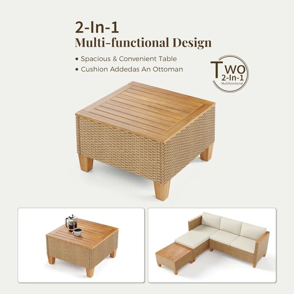 Wicker Outdoor Patio Furniture Set 3 Pieces Patio Chaise Longue Conversation Set, Rattan L-Shaped Sofa Couch with Acacia Wood Co