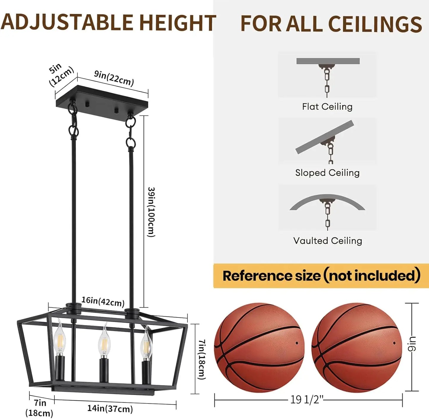 3-Light Modern Farmhouse Chandelier - Black Adjustable Pendant for Dining Table & Kitchen Island