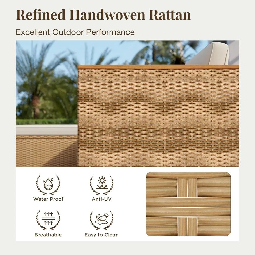 Wicker Outdoor Patio Furniture Set 3 Pieces Patio Chaise Longue Conversation Set, Rattan L-Shaped Sofa Couch with Acacia Wood Co