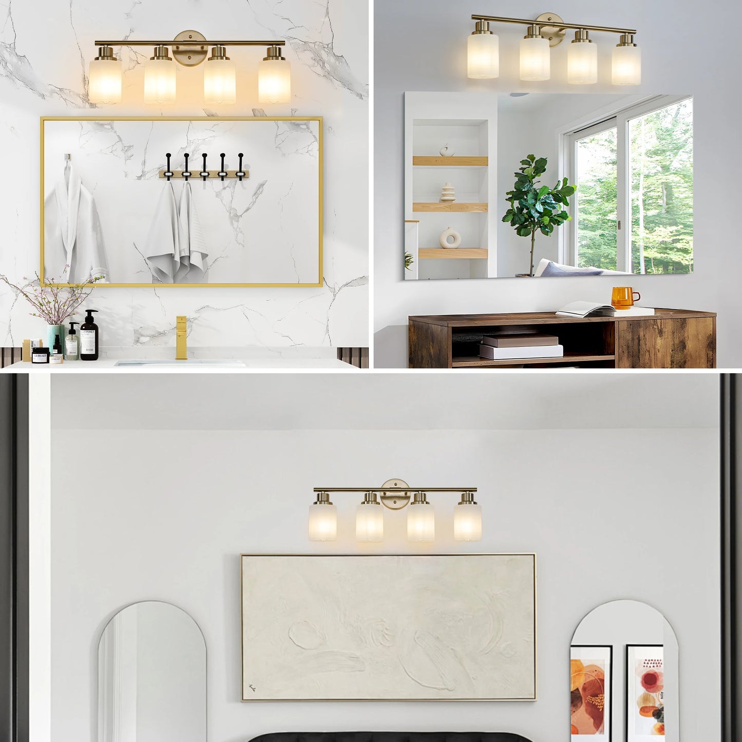 24" Modern 4-Light Vanity Bathroom Mirror Light, Frosted White Glass with Iron Frame, Contemporary Wall Sconce